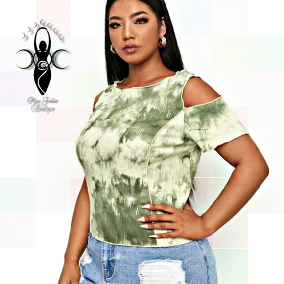 Plus Size ✦ Cold Shoulder Tie-Dye Tee ✦ Green/Cream Ribbed Lettuce Trim 4X NWT - Picture 3 of 7